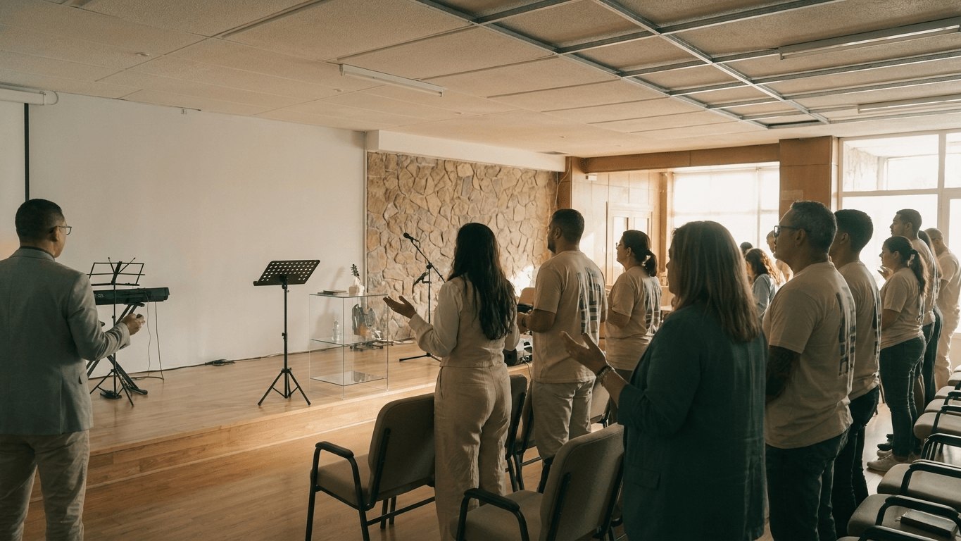 La congregación de pie, cantando, un domingo por la mañana